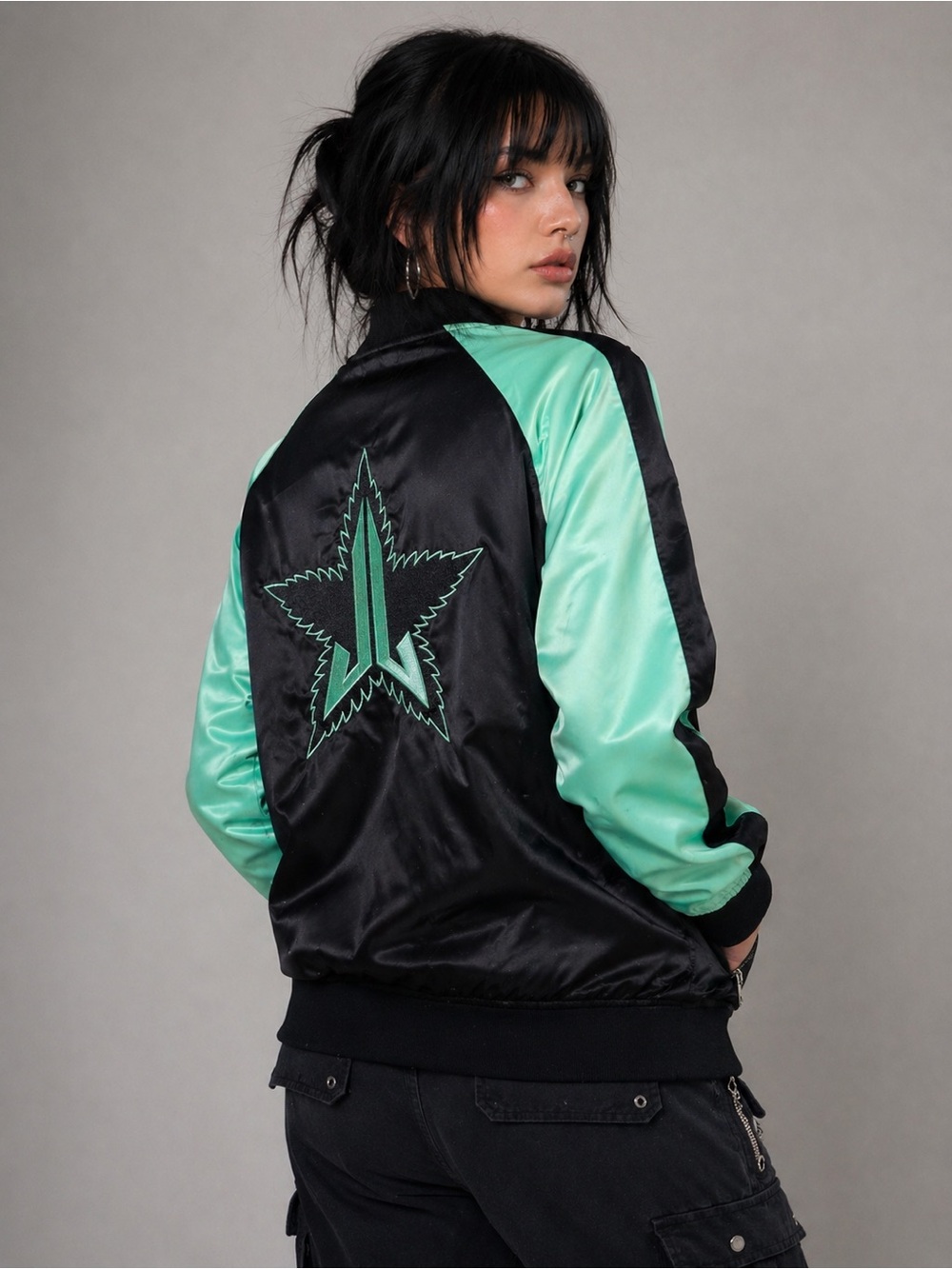 Jeffree Star Fashion Satin Bomber Jacket Black Mint Y2K Scene Emo Alt Streetwear